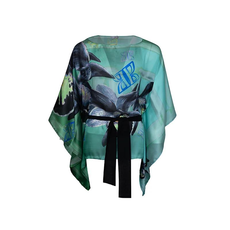 Kaftan Brijuni Tematski Kratki Glagoljica Zelena  Svila 100%  